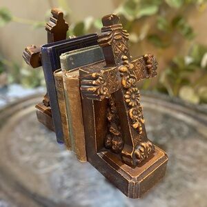 Vintage Bookends Holy Cross Gothic Old World Bronze Color European Set 2